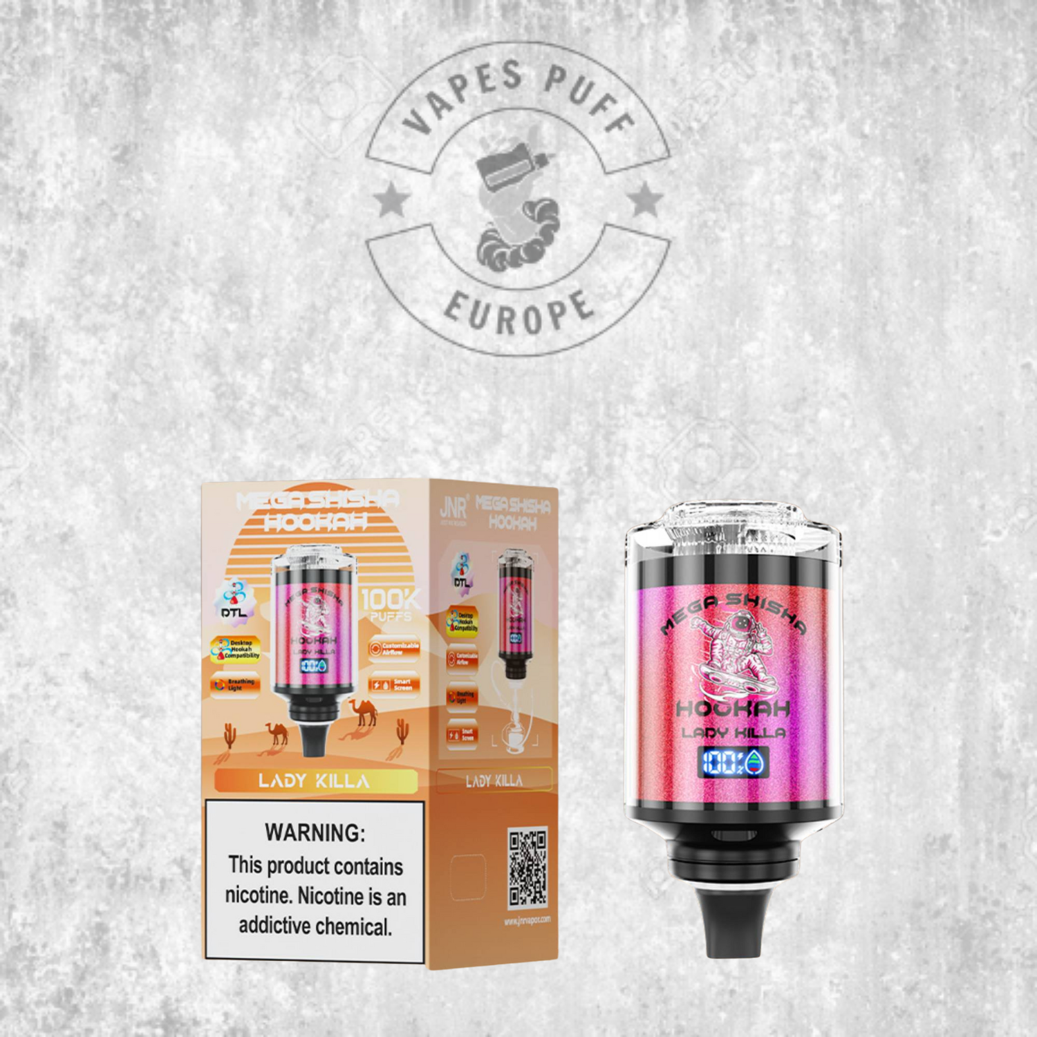 JNR - Mega Shisha Hookah - 100000 Bouffées - 2% de nicotine - Tete de Chicha Electronique